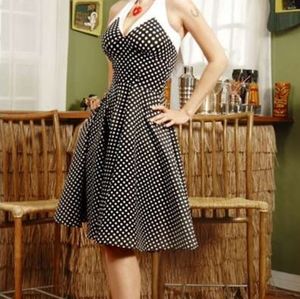 Pinup Couture Rita Halter Swing Dress (Black Polka Dot) XS